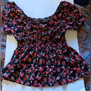 Almost Famous Womens Top Blouse Rose Pattern Red/Black Size XL